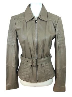 Vintage Cache Taupe Quilted Genuine Leather Beige Belted Moto Jacket